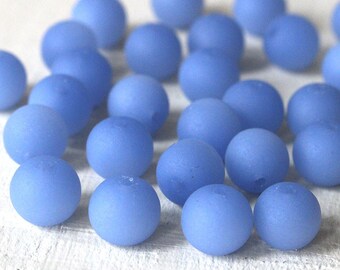 16 Inches - 8mm Round Sea Glass Beads - Frosted Glass Beads - Opaque Cornflower Blue