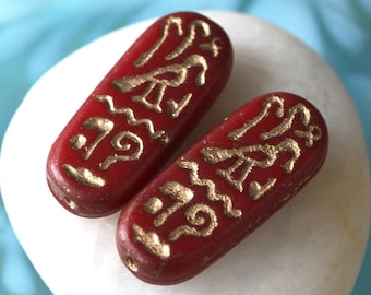 Czech Glass Beads - Jewelry Making Supplies - Egyptian Cartouche With Gold Inlay Hieroglyphics (4 beads)  25x10mm Opaque Red