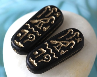 Czech Glass Beads - Jewelry Making Supplies - Egyptian Cartouche With Gold Inlay Hieroglyphics (4 beads)  25x10mm Black