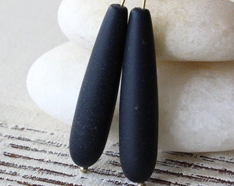 10 -  38x8mm Teardrops - Cultured Sea Glass Long Teardrops - Frosted Glass Beads - 8x38mm Opaque Black Matte Teardrops