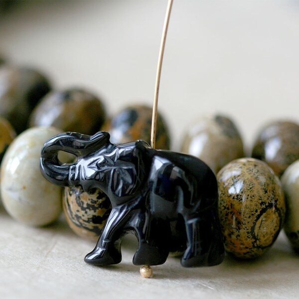 Carved Stone Elephant Beads For Jewelry Making - Carved Beads - Black Obsidian Elephant - Lucky Elephant - 1 bead