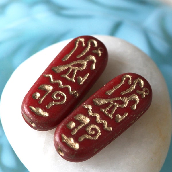 Czech Glass Beads - Jewelry Making Supplies - Egyptian Cartouche With Gold Inlay Hieroglyphics (4 beads)  25x10mm Opaque Red
