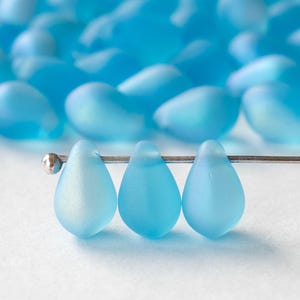 50 - 6x9mm Glass Teardrop Beads - Czech Glass Beads - Matte Aqua AB - 50 Beads