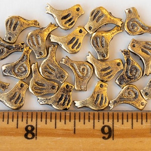 4 12mm Little Birdie Bead Mykonos Metal Beads Antiqued Gold 4 Birds image 3