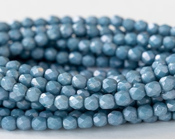 4mm Round Firepolished Glass Beads - Czech Glass Beads - Slate Blue Luster - 50 beads