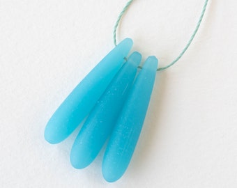 Long Sea Glass Teardrop Beads - Top Drilled Sea Glass Beads - Frosted Glass Beads - Opaque Aqua - 4 pcs. (37x8mm)