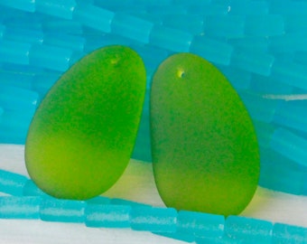 Cultured Sea Glass Beads - Jewelry Making - Frosted Glass Beads - 20x32mm Sea Glass Pendant - Recycled Glass Beads - Lime Green Beach Glass