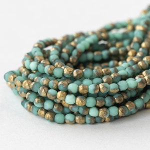 3mm Firepolished Glass Beads - Czech Glass Beads -  Opaque Seafoam with an Etched Gold Finish - 50 Beads