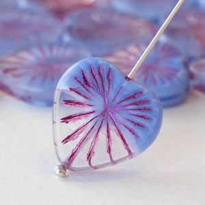 18mm Glass Heart Beads - Valentine Hearts - Czech GLass Baeds - Blue and Crystal Mixed Glass with Pink Wash - 6 beads