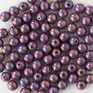 4mm Round Glass Beads - Czech Glass Beads - Opaque Purple Luster - 50 or 100 Beads