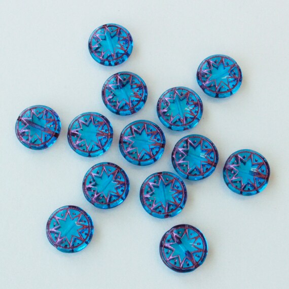 Choose Amount Capri Blue with Pink Wash Star Of Ishtar Beads Czech Glass Beads 13mm Glass Coin
