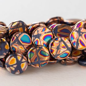 10 - 14mm Coin Beads - Coppery Batika on Black - Czech Glass Beads - 10 beads