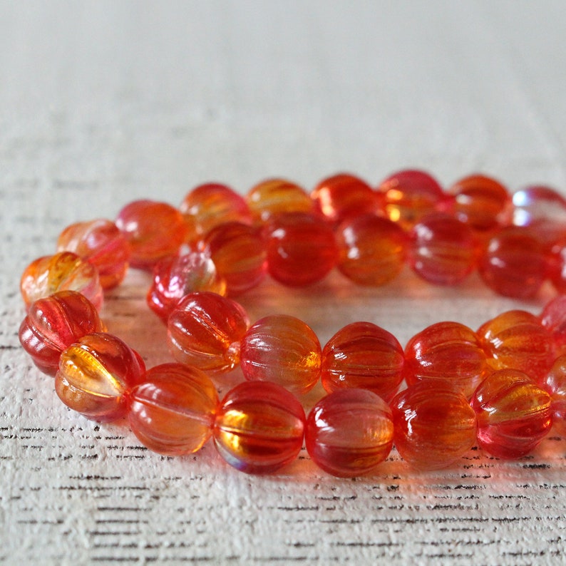 Czech Glass Beads 8mm Round Beads Fluted Glass Beads 8mm Melon Beads For Jewelry Making 30 pieces - Orange Hyacinth Luster AB