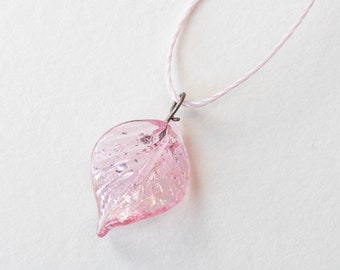 Handmade Lampwork Leaf Beads from the Czech Republic - 18mm Glass Leaf Charm - Pink with Silver Dust - 2 pieces