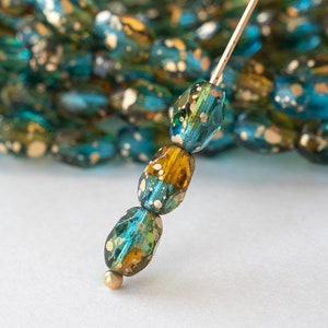 5x7mm Oval Glass Beads - Czech Glass Beads - Teal, Amber and Green with Gold Dust - 20 Beads