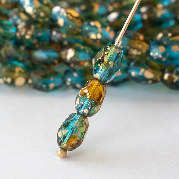 5x7mm Oval Glass Beads - Czech Glass Beads - Teal, Amber and Green with Gold Dust - 20 Beads