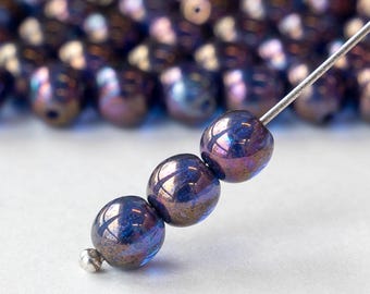 120 - 6mm Round Glass Beads - Czech Glass Beads - Transparent Purple with a Bronze Luster Finish - 120 Beads