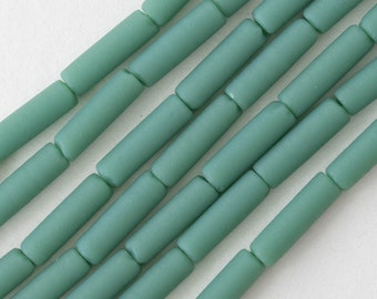 Frosted Glass - 14mm Tube Beads - 14x4mm Recycled  - Opaque Seafoam - 30 pieces