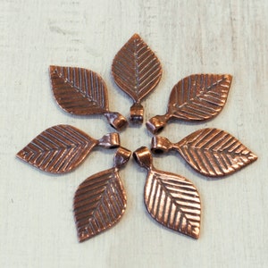 May include: Seven copper-colored leaf charms arranged in a circular pattern. Each charm has a detailed leaf vein design and a small loop at the top for attaching to jewelry or other crafts. The charms are made of metal.