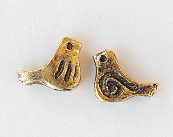 4 - 12mm Little Birdie Bead - Mykonos Metal Beads - Antiqued Gold - 4 Birds