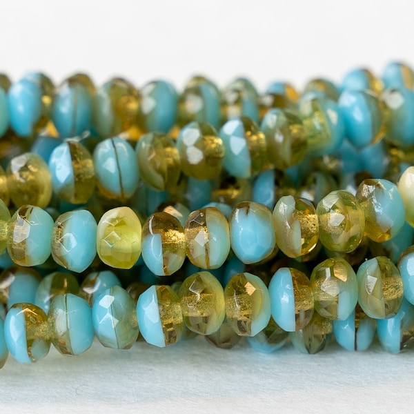 33 - 5x3mm Rondelle Beads - Czech Glass Beads - 3x5mm Rondelle - Transparent Amber and Opaque Turquoise - 33 beads