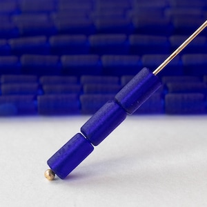 2 Strands - Sea Glass Beads - 9x4mm Tube Beads -Cultured Seaglass Tube Beads - Jewelry Making Supply - Cobalt Blue - 46 pieces