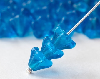 30 - 6x8mm Glass Bell Flower Beads - Czech Glass Beads - Transparent Azure Blue - 30 beads
