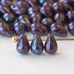 100 - 4x6mm Glass Teardrop Beads - Czech Glass Beads -  Deep Purple with a Blue Shine- 100 Beads
