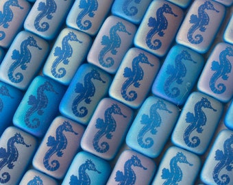 Seahorse Beads - Flat Rectangle Beads - Czech Glass Beads - 12x19mm - Opaque Matte  Laser Etched Beads - 6pcs