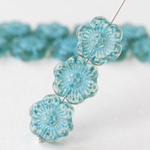 14mm Czech Anemone Flower Beads - Czech Glass Beads - Seafoam with Aqua Wash - 12 Beads