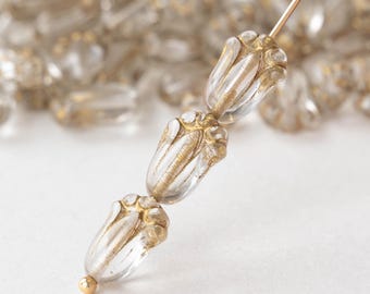 12mm Tulip Flower Beads - Czech Glass Beads - Crystal with Gold Wash - 20 Beads