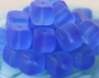 Cultured Sea Glass Beads - Large Seaglass Cube Beads - Frosted Glass -  Czech Glass Beads For Jewelry Making - Sapphire - Choose Amount