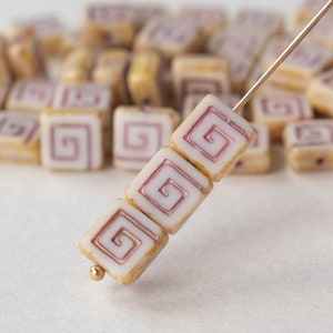 10 - 9mm Tile Bead with Spiral - Off White with Gold Wash - 10 Beads