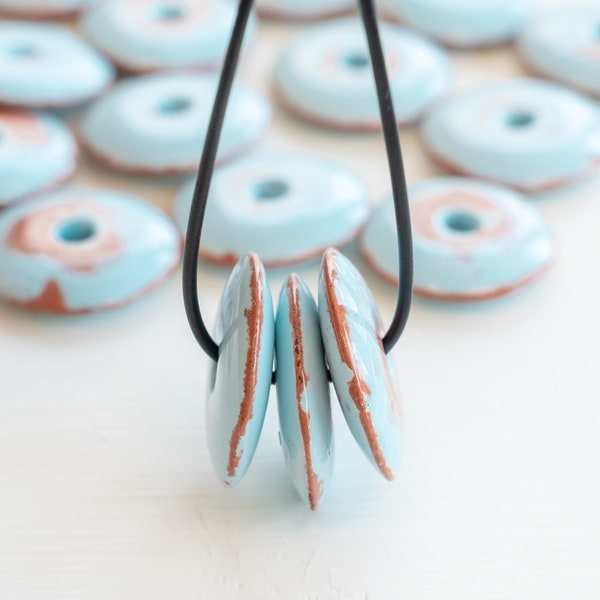 30mm Ceramic Disks from Mykonos Greece - Large Hole - Beads For Jewelry - Baby Blue with Tera Cotta - Choose Amount