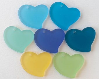 2 -Sea Glass Heart Pendants  - Recycled Glass Beads For Jewelry Making - 30mm Sea Glass Beads