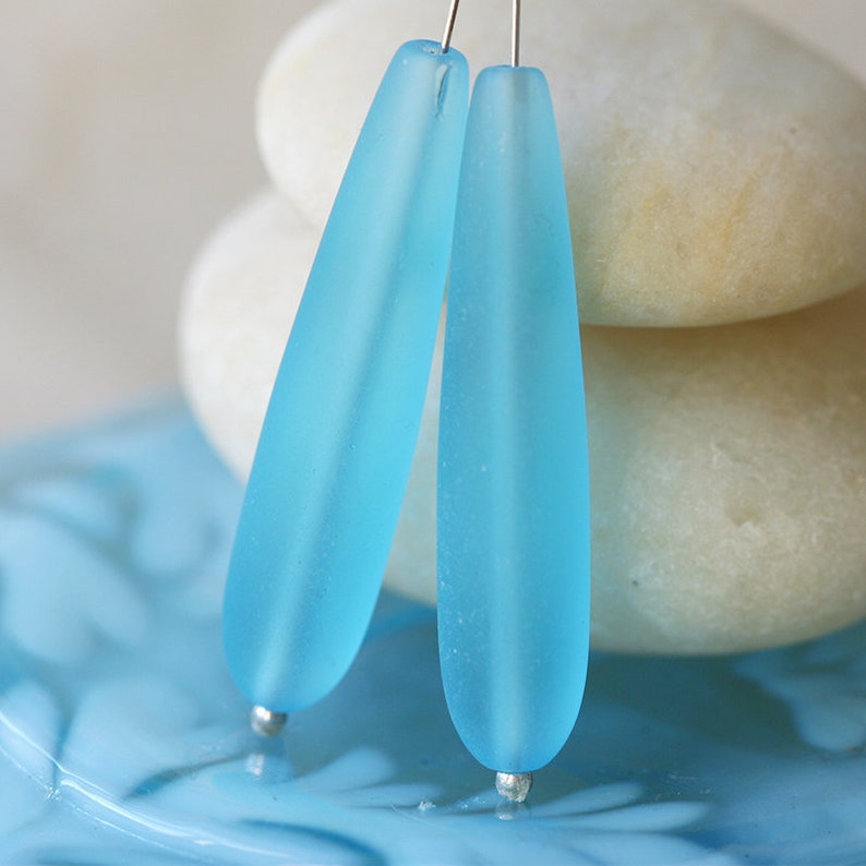 10 Teardrops Sea Glass Beads Aqua Long Drill Teardrop Beads For Jewelry Making Jewelry Frosted Beads Recycled Glass Beads 38x8mm image 7