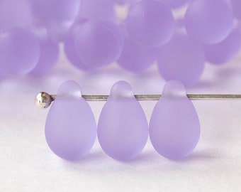 6x9mm Teardrop Beads For Jewelry Making - Frosted Glass Beads - Matte Lavender - 50 beads