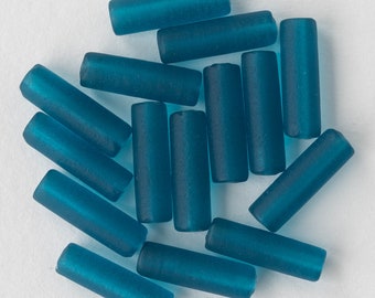 Sea Glass Beads - 14mm Tube Beads - 14x4mm Recycled Seaglass Tube Beads - Jewelry Making Supply -  Transparent Teal - Choose Amount