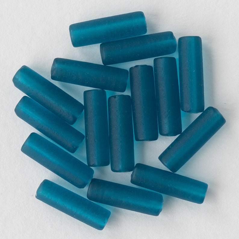 Sea Glass Beads 14mm Tube Beads 14x4mm Recycled Seaglass Tube Beads Jewelry Making Supply Transparent Teal Choose Amount image 1