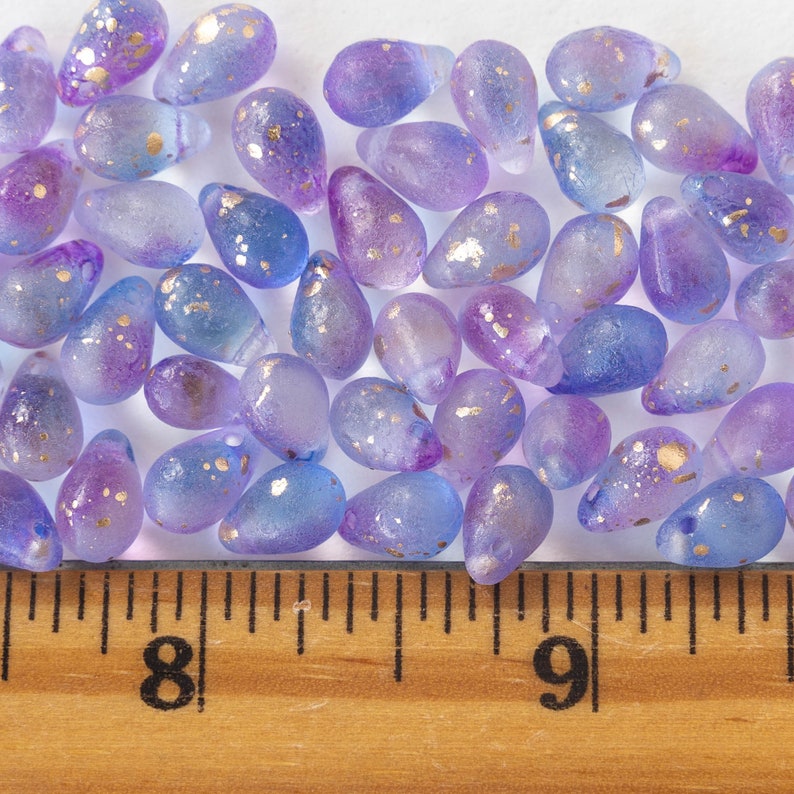 50 6x9mm Teardrop Beads For Jewelry Making Czech Glass Beads Smooth Briolette Matte Lavender Blue Mix with Gold Dust 50 beads image 4