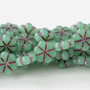 15 - 10mm Glass Flower Beads - Czech Glass Beads - Opaline Mint Green with Pink Wash - 15 Beads
