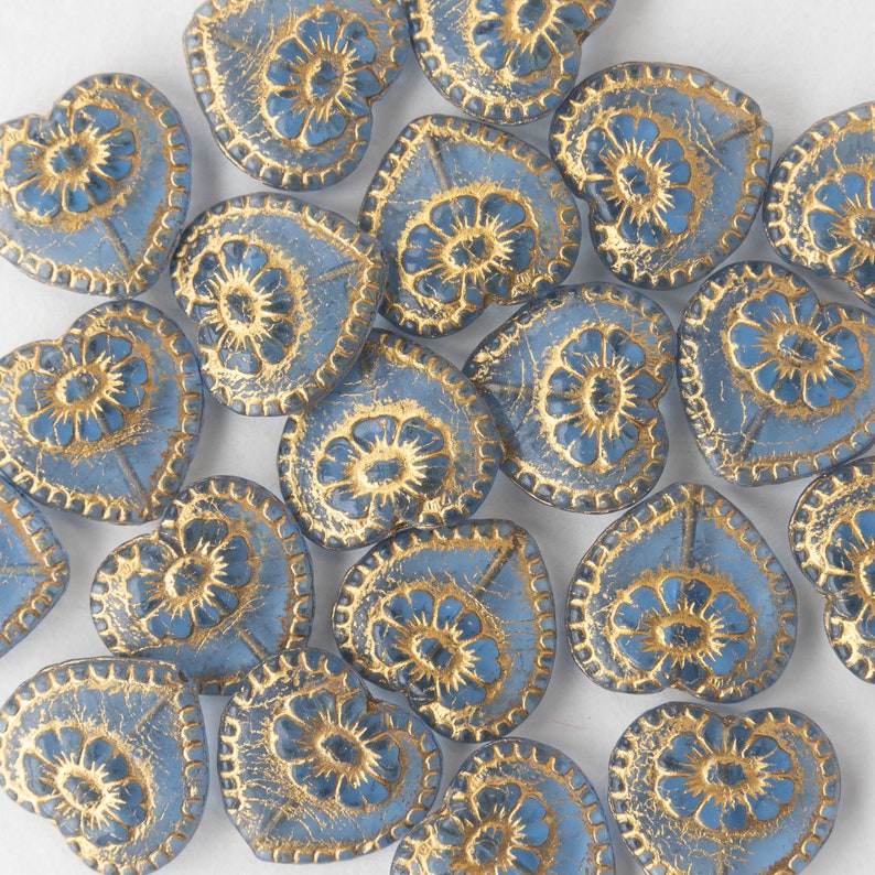 Czech Glass Beads For Jewelry Making Victorian Glass Heart Bead Valentines Day Heart Blue with Gold Wash 4 or 12 beads image 2