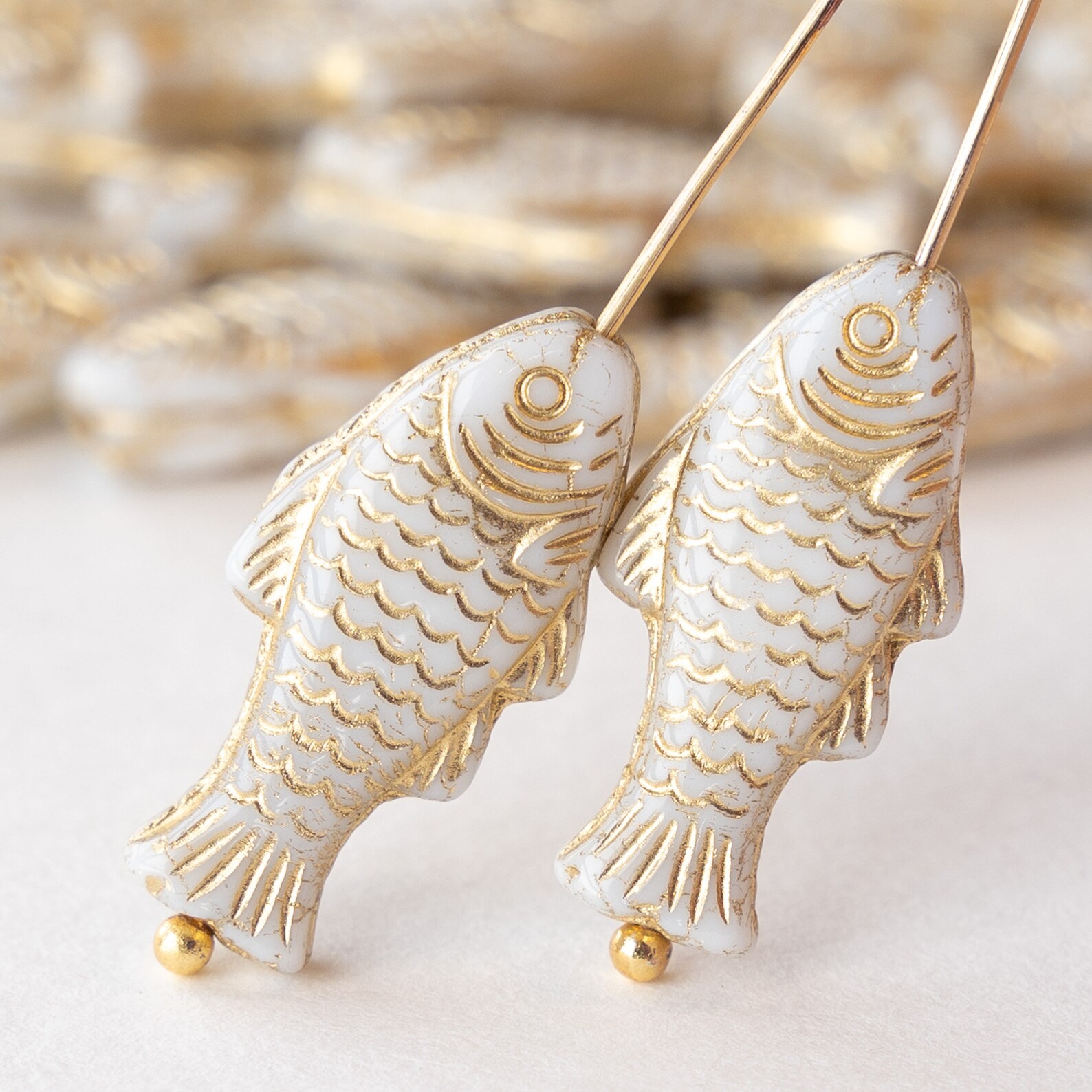 25mm Glass Fish Beads Czech Glass Beads Ivory With Gold Etsy