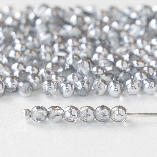 100 - 3mm Round Glass Beads - Czech Glass Beads - 3mm Druk - Crystal with a Half Silver Coat - 100 Beads