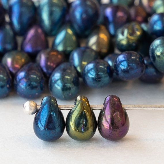 Perles De Verre Tchèques 100 Pièces - 4x6mm Forme Goutte Irisé Or Violet - Pour Bijoux DIY Et Création