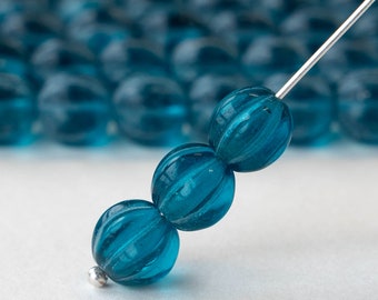20 - 8mm Melon Beads - Czech Glass Beads - Teal - 20 beads