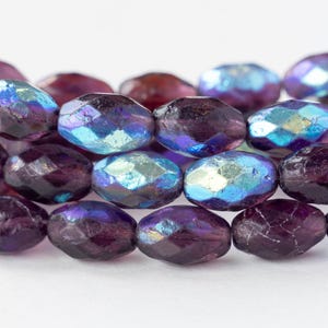 8x12mm Firepolished Glass Oval Beads - Czech Glass Beads - Amethyst AB - 6 or 12 Beads