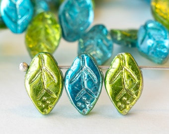 8x12mm Glass Leaf Beads For Jewelry Making - Blue Green Mix - 25 Leaves