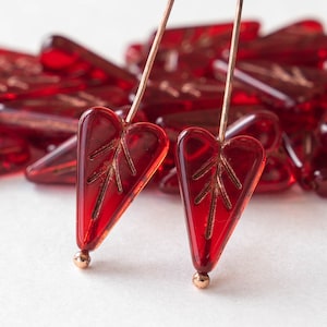 16mm Heart Leaf Bead - Czech Glass Beads - Red with Gold Wash - Choose Amount