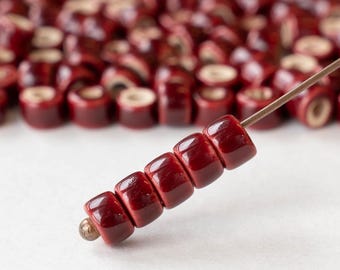 4x6mm Glazed Ceramic Tube Beads - Mini Tube -  Red - 10 or 30 beads